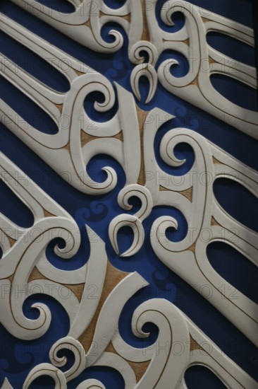 Maori style carvings on display at the National Library, Wellington, New Zealand, Oceania
