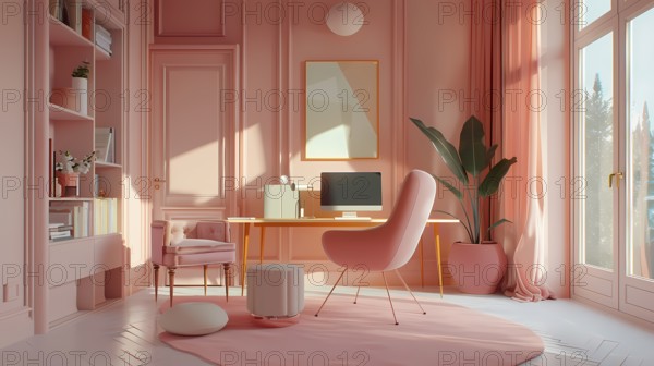 Cozy modern home office with pink hues and neat setup, bathed in natural light, 3D illustration, interior, architecture, AI generated