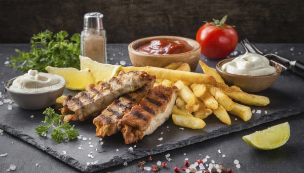 KI generated, Greek grill plate, chips, souflaki and gyros served on a slate plate