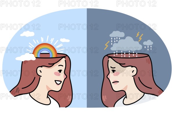 Young woman with bad mood and good mood. Unhappy and happy girl emotions. Concept of human emotional state and mindset. Flat vector illustration