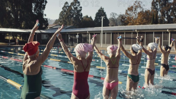 Elderly women united in joyful exercise in the pool, raising their arms in an outdoor swimming pool, wearing colorful swimwear, AI generated