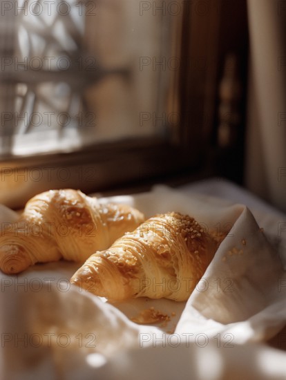 Freshly baked golden croissants on parchment paper bathed in warm sunlight, in Barcelona, AI generated