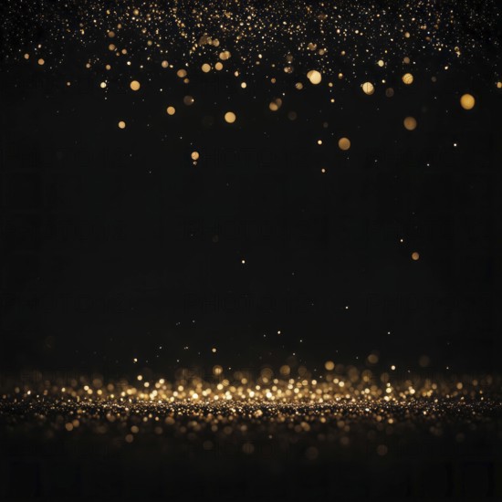 Glowing gold particles floating against a black background, resembling a starry night sky, AI generated