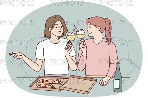 Happy young women sitting on couch at home eating pizza drinking wine. Smiling girls have fun enjoying food and leisure weekend together. Vector illustration