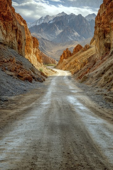 A narrow road winding through a mountain pass with high rocky walls and distant peaks under a partly cloudy sky, AI generated