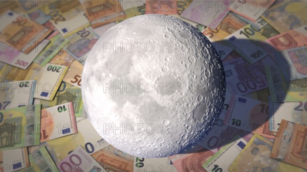 Symbolic image on the subject of funds for moon missions, mineral resources, research funds, etc