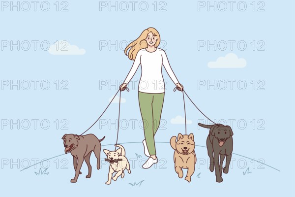 Smiling young woman with dogs on leashes walking in park. Happy girl pet walker with domestic animals outside. illustration