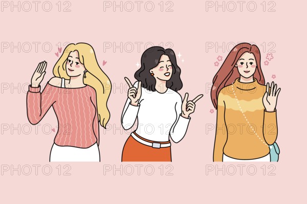 Smiling diverse young women having fun chilling out together. Happy female characters waving hand, laughing and greeting. Diversity concept. Flat illustration