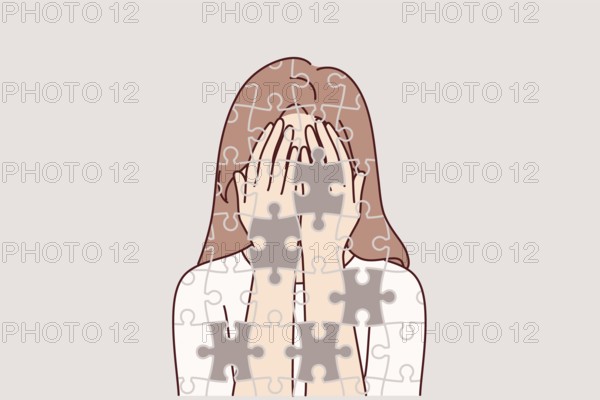 Depressed girl suffers from self-destruction and personality destruction, consists of mosaic with void. Depressed woman with mental disorder and psychological problems needs help of psychologist