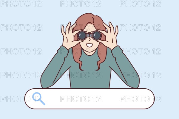 Woman is looking for necessary information standing over search bar and using binoculars. Concept of search in digital space or detective investigation to clarify circumstances of crimes