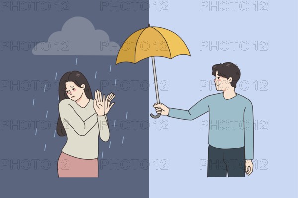 Depressed woman refuse from male friend help cover her with umbrella from rain. Unhappy girl suffer from depression reject aid or assistance. Psychological problem, pessimism. illustration