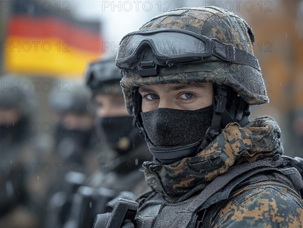 A masked soldier stands with her unit, wearing a helmet in a winter setting, with the German flag visible, AI generiert, AI generated