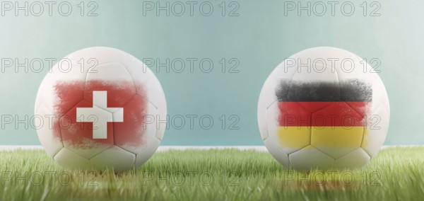Switzerland vs Germany football match infographic template for Euro 2024 matchday scoreline announcement. Two soccer balls with country flags placed against each other on the green grass with copy space. AI generated art