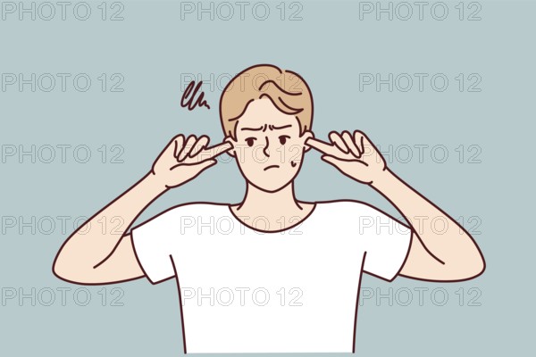 Offended guy closes ears does not want to hear toxic words or insults from peers or girlfriend. Embarrassed man trying to get rid of noise or loud music played by rude neighbors. Flat vector design