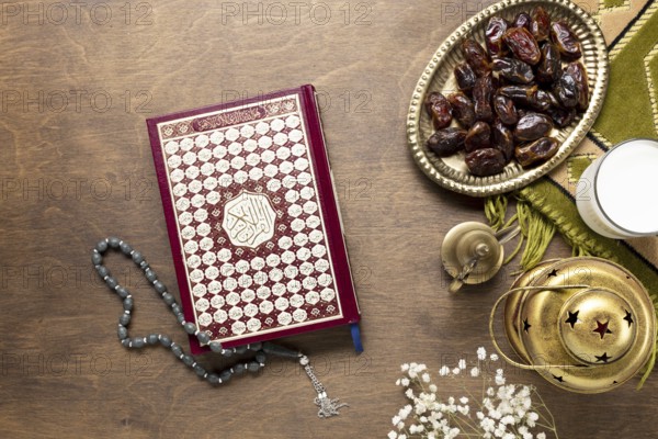 Quran prayer beads wooden table. Resolution and high quality beautiful photo