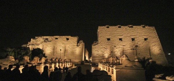 Illuminated great Amun temple of Karnak at night, Luxor, Egypt, Africa