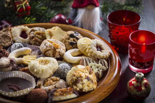 Assortment of homemade Christmas cookies with ornaments