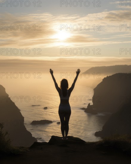 Young woman doing yoga, sunrise by the sea, coast, morning light, AI generated