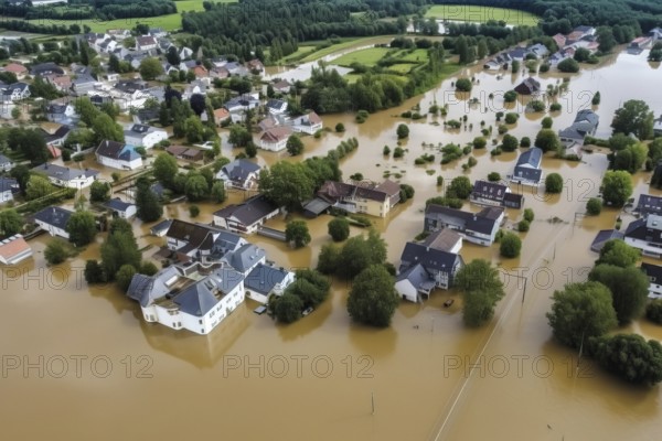 Aerial view of a flooding disaster in a village, flood, flooded street, severe weather, climate change, destruction, AI generated