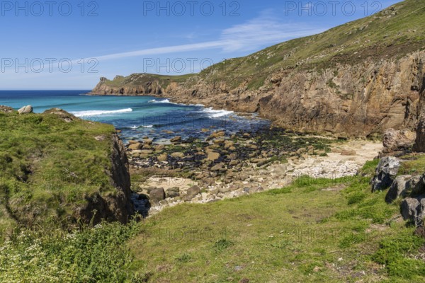Celtic Sea Coast and cliffs in Nanjizal Beach, Cornwall, England, UK