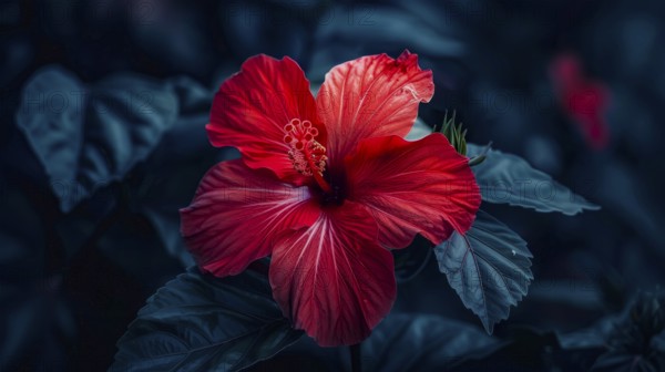 A vibrant red hibiscus flower with lush green leaves against a dark, moody background, AI generated