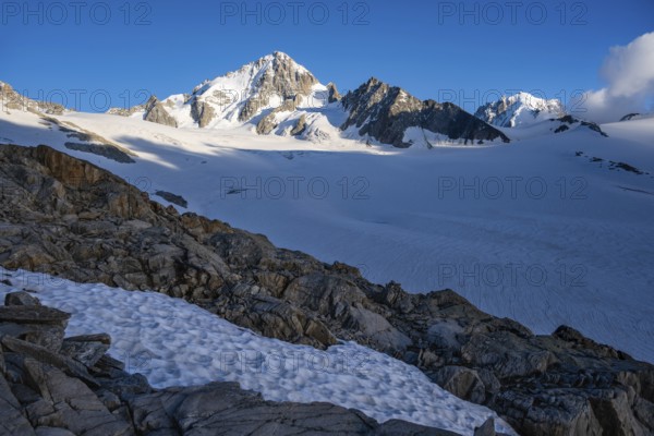 High alpine mountain landscape, summit of the Aiguille de Chardonnet and Glacier du Tour, glaciers and mountain peaks, Chamonix, Haute-Savoie, France, Europe