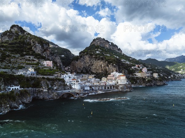 Amalfi from a drone, Salerno, Campania, Italy, Europe