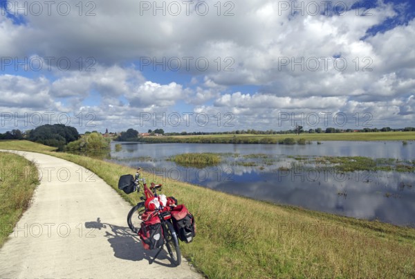 A bicycle with panniers stands on a path next to a calm river and under a slightly cloudy sky, flooded Elbe meadows, dyke, cycle tours, cycle tourism, Gartow, Lower Saxony, Germany, Europe