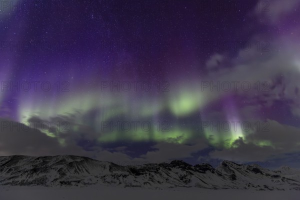 Green and purple northern lights, aurora borealis over snowy mountains, volcanic, winter, moon, Laugarvatn, Iceland, Europe