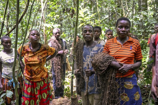 Pygmies of the Baka or BaAka people with their hunting nets in the forest, Dzanga-Sangha Special Dense Forest Reserve, Sangha-Mbaéré Prefecture, Central African Republic, Africa