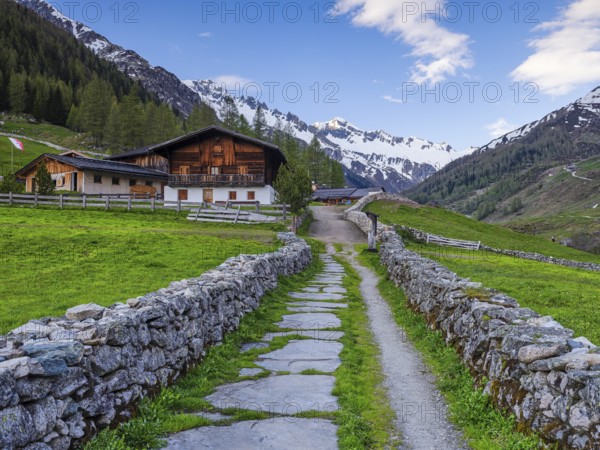 Farmhouse in Ahrntal, mountains with snow, Zillertal Alps, Krimmler Tauern, Kasern, South Tyrol, Italy, Europe