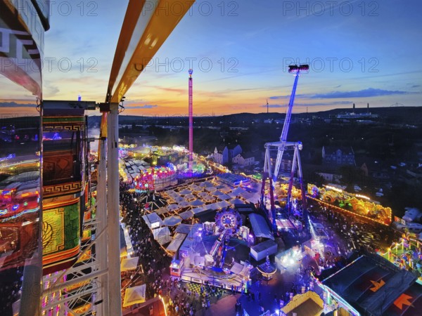View from above from the Ferris wheel at the Cranger Kirmes in the evening, Herne, Ruhr area, North Rhine-Westphalia, Germany, Europe