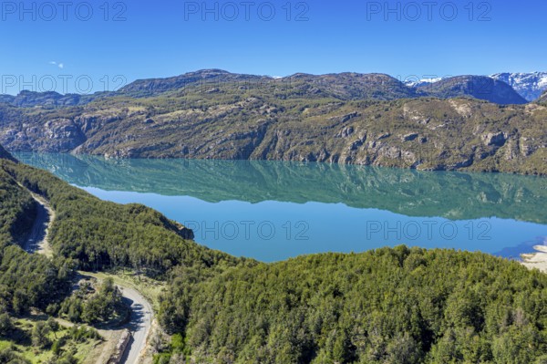 Lake Lago Verde at the carretera austral west of village Villa Cerro Castillo on a calm day, reflections on the lake, aerial view, Patagonia, Chile, South America