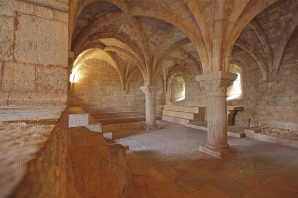 Interior view of the chapter house with ceiling vault and columns of the Romanesque abbey of Le Thoronet, monastery complex, Cistercian abbey, Var, Provence, France, Europe
