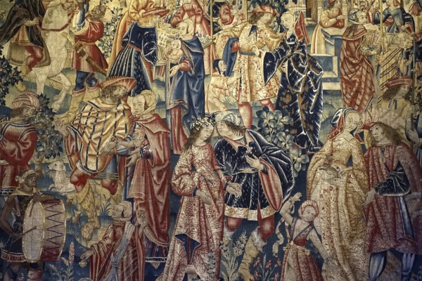 16th century Flemish tapestry from Tournai in the Gothic room at Kasteel van Gaasbeek, renovated medieval castle at Lennik, Flemish Brabant, Belgium, Europe