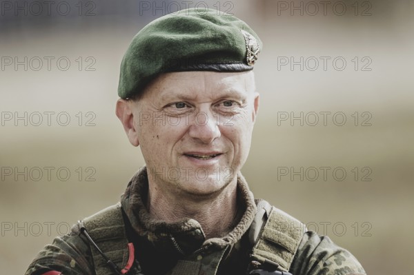 Brigadier General Alexander Krone, Commander NATO Response Force Land Brigade, photographed during a Bundeswehr exercise with forces from Norway and the Czech Republic at the 'Wettiner Schwert' exercise as part of Quadriga 2024 in the training town of Schnöggersburg, 8 April 2024