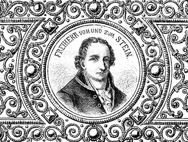 Portrait of the Prussian statesman, reformer and minister Freiherr vom und zum Stein (1757-1831), promoter of Begbau, round frame, ornamentation, Prussia, historical illustration 1882