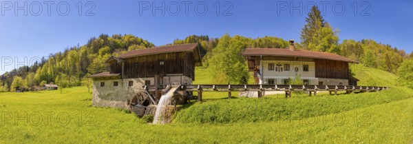 A traditional watermill in a rural setting with lush meadows and forests, Nussdorf Mühle