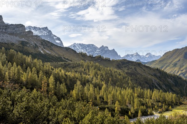 Mountain panorama with steep rocky peaks, yellow-coloured larches in autumn, hike to the summit of the Hahnkampl, Engtal, Karwendel, Tyrol, Austria, Europe