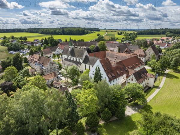 Aerial view of the village of Heiligkreuztal with the cathedral and the former Cistercian nunnery, district of Biberach, Upper Swabia, Baden-Württemberg, Germany, Europe