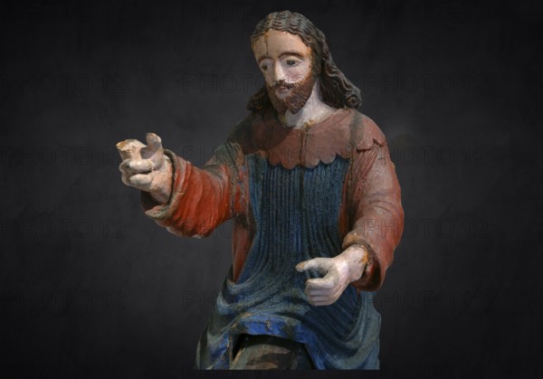Christ on the palm donkey, on a dark background, detail, wooden figure from around 1400, Museum Bezau, Vorarlberg, Austria, Europe