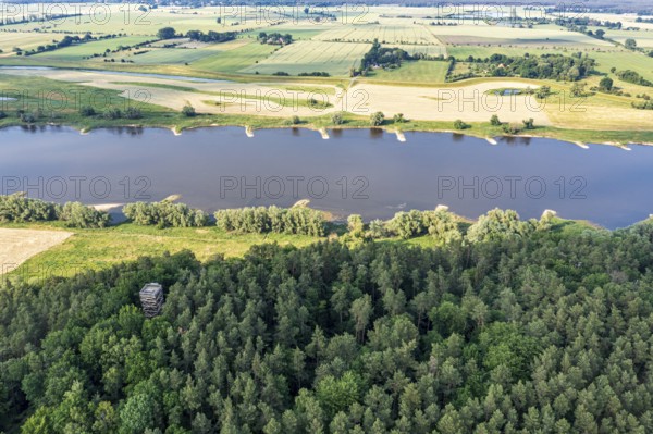 Aerial view of viewpoint Kiepenberg near Elbe river, wooden tower west of village Hitzacker, Germany, Europe
