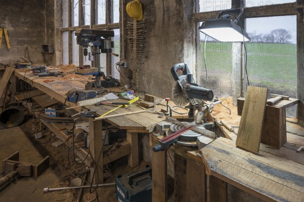 Workbench with drill stand and circular saw in a workshop, Mecklenburg-Vorpommern, Germany, Europe