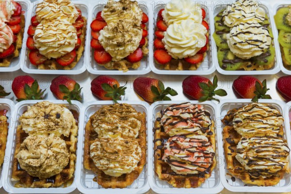Belgian waffles and sweets, typical, calories, food, bakery, dessert, dessert, cream, traditional, eating, sugar, garnish, fresh, eating behaviour, joule, souvenir, traditional, tradition, Brussels, Belgium, Europe