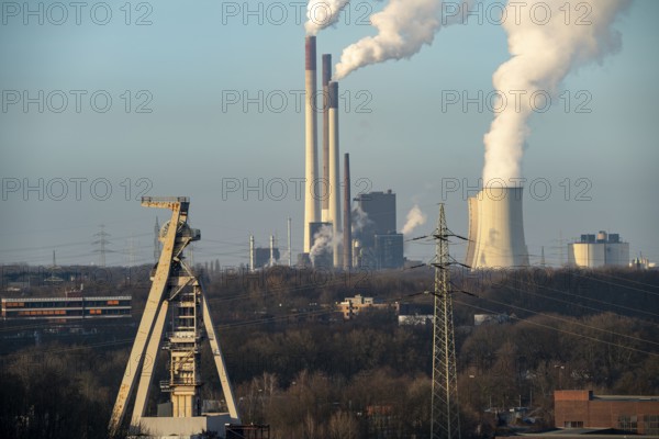 UNIPER coal-fired power plant Gelsenkirchen-Scholven, power plant units and cooling towers, headframe of the former Hugo coal mine, shaft 2, North Rhine-Westphalia, Germany, Europe