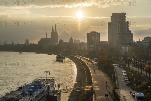 The Rhine near Cologne, sunset, Cologne Cathedral, cargo ship, North Rhine-Westphalia, Germany, Europe