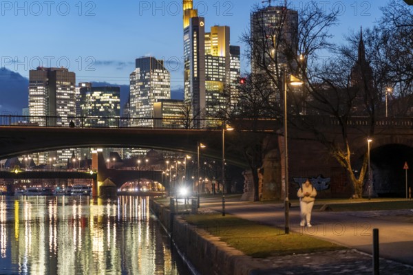 Skyline of the city centre of Frankfurt am Main, cycle and footpath, promenade, along the river Main, dusk, Hesse, Germany, Europe