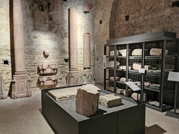 Lay refectory, exhibition of historical wine presses from the period 1668 to 1801, Eberbach Monastery, Erbach Monastery, former Cistercian abbey near Eltville am Rhein, Hesse, Germany, Europe