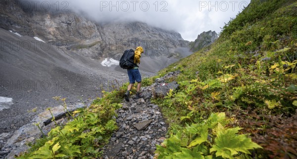 Mountaineer hiking in the mountains with yellow jacket, hiking trail to Valentintörl, cloudy mountain peaks, Carnic Alps, Carnic High Trail, Carinthia, Austria, Europe