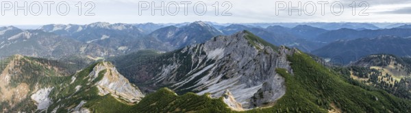 Alpine panorama, aerial view, summit and degree, Bavarian and Austrian Schinder, Tegernsee mountains in the Mangfall mountains, Germany, Europe